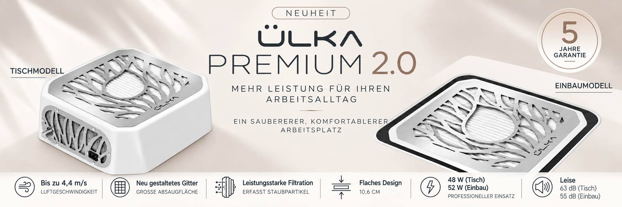 ÜLKA Premium 2.0 - Neue professionelle Nagelabsaugung 2026, Tisch- und Einbauversion, 4,4 m/s, HEPA-Filter, neu gestaltetes Gitter, 5 Jahre Garantie